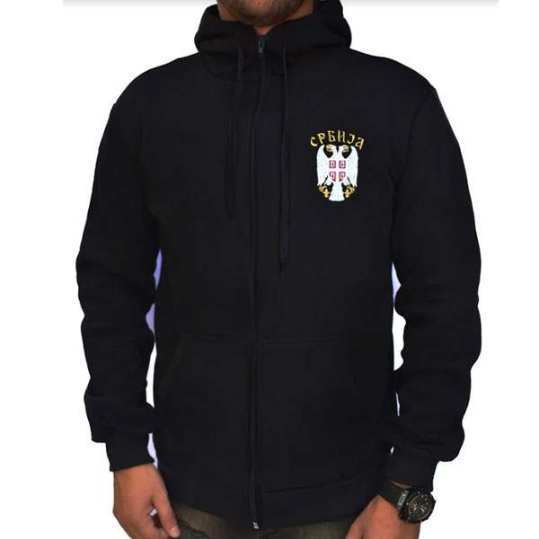 Vezeni crni duks Srbija sa kapuljačom Vezeni crni duks Srbija sa kapuljačom