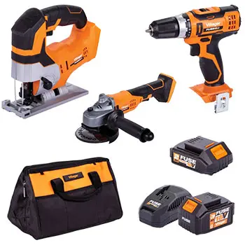 Villager Fuse VLN set  – Aku bušilica VLN 3220 + aku ugaona brusilica VLN 4320 + Ubodna testera VLN 3420 + baterije 2Ah i 3Ah + punjač + torba