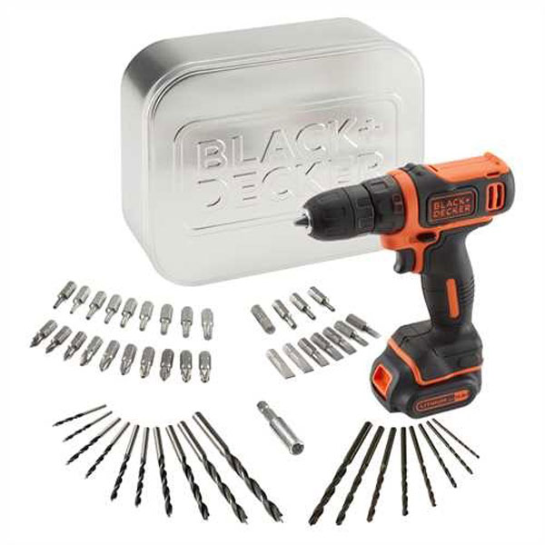 Black+Decker Akumulatorska bušilica odvijač 10.8 Li-Ion + limenka + pribor  BDCDD12A80T