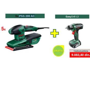 5 x Bosch vibraciona brusilica PSS 200 AC + POKLON Bosch akumulatorska bušilica-odvrtač EasyDrill 12