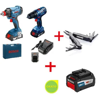 Bosch set GDX 180-LI akumulatorski udarni odvrtač + GSR 180-LI akumulatorska bušilica-odvrtač + SwissPeak višenamenski alat + POKLON  Bosch Akumulator 18V EneRACER 6,3 Ah 0615990L03