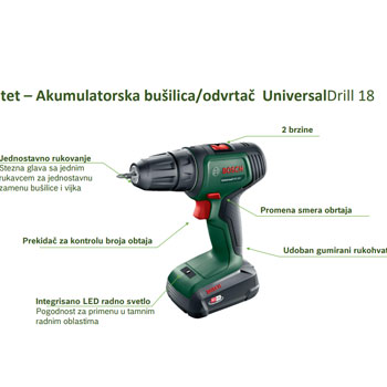 Bosch Akumulatorska bušilica-odvrtač UniversalDrill 18V; 1x1,5Ah 06039D4001-6