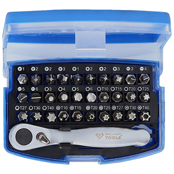 Brilliant Tools akcijski komplet - metalna kutija za alat + set bitova 32kom + 2 u 1 COB LED džepna lampa + brzi okasti ključ + čekić + skalpel BT-150852-3