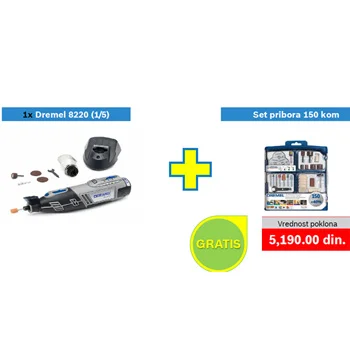 Dremel akumulatorski višenamenski alat 8220-1/5 + POKLON Dremel set višenamenskog pribora od 150 delova Dremel akumulatorski višenamenski alat 8220-1/5 + POKLON Dremel set višenamenskog pribora od 150 delova