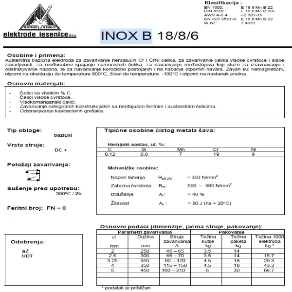 Jesenice elektrode Ø 3.25 INOX B 18/8/6 Mn 7% -1kg Jesenice elektrode Ø 3.25 INOX B 18/8/6 Mn 7% -1kg