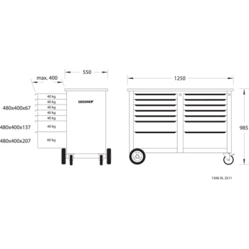 Gedore pokretni radni pult XL širine 1506 XL 2511-2