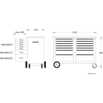 Gedore pokretni radni pult XL širine 1506 XL 2511-2 Gedore pokretni radni pult XL širine 1506 XL 2511-2