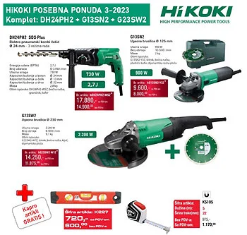 Hikoki komplet velika brusilica + mala brusilica + kombi čekić (DH24PH2+G13SN2+G23SW2) + poklon Kapro libela i metar (K227+K5105)