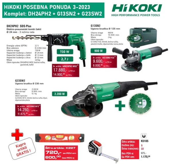 Hikoki komplet velika brusilica + mala brusilica + kombi čekić (DH24PH2+G13SN2+G23SW2) + poklon Kapro libela i metar (K227+K5105)