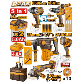 Ingco aku set /udarna bušilica/udarni odvijač/rotaciona čekić bušilica/ugaona brusilica/radna lampa COSLI251193E Ingco aku set /udarna bušilica/udarni odvijač/rotaciona čekić bušilica/ugaona brusilica/radna lampa COSLI251193E
