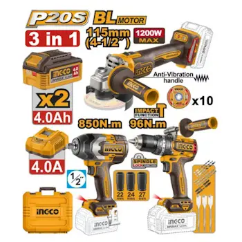 Ingco set aku alata / bušilica96Nm/brusilica115mm/udarni odvijač 850Nm COSLI251292E Ingco set aku alata / bušilica96Nm/brusilica115mm/udarni odvijač 850Nm COSLI251292E