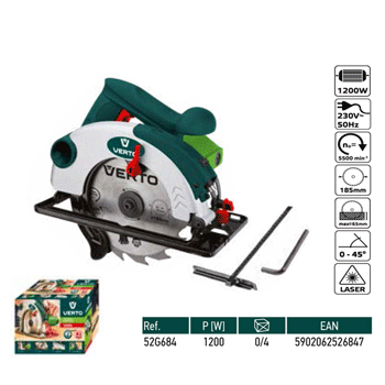 Verto kružna testera 185mm 1200W sa laserom 52G684 Verto kružna testera 185mm 1200W sa laserom 52G684
