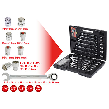 KS Tools GEARplus RINGSTOP set ustavljačkih okasto-viljuškastih ključeva sa adapterima 30-delni 503.4960 KS Tools GEARplus RINGSTOP set ustavljačkih okasto-viljuškastih ključeva sa adapterima 30-delni 503.4960