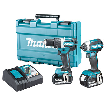 Makita LXT set - akumulatorska udarna bušilica-odvijač DHP484Z + akumulatorski udarni odvijač DTD153Z + punjač + 2 baterije + kofer DLX2180X-1