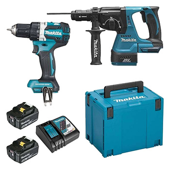 Makita LXT set - akumulatorska bušilica-odvijač DDF484Z + akumulatorska bušilica-čekić DHR243Z + punjač + 2 baterije + Makpac DLX2191TJ