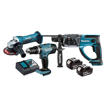 Makita LXT set - akumulatorska udarna bušilica-odvijač DHP453Z + akumulatorska bušilica-čekić DHR202Z + akumulatorska ugaona brusilica DGA452Z + punjač + 2 baterije DLX3121M-1