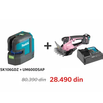 Makita AKCIJSKI SET: Zeleni laser SK106GDZ + Akumulatorske makaze za travu UM600DSAP + 12V baterija + punjač