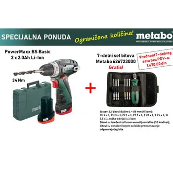 Metabo akumulatorska bušilica odvrtač PowerMaxx BS Basic + POKLON 7-delni set bitova 600080501 Metabo akumulatorska bušilica odvrtač PowerMaxx BS Basic + POKLON 7-delni set bitova 600080501