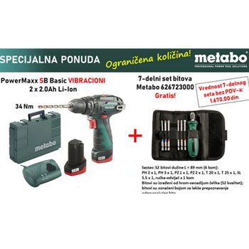 Metabo akumulatorska bušilica odvrtač vibraciona PowerMaxx SB Basic + POKLON 7-delni set bitova 600385501 Metabo akumulatorska bušilica odvrtač vibraciona PowerMaxx SB Basic + POKLON 7-delni set bitova 600385501