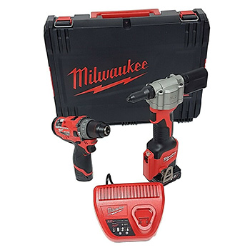 Milwaukee aku set - vibraciona bušilica-odvijač 12V + aku alat za pop nitne 12V + punjač + 2 baterije + kofer M12 FPP2S-422X SET-1