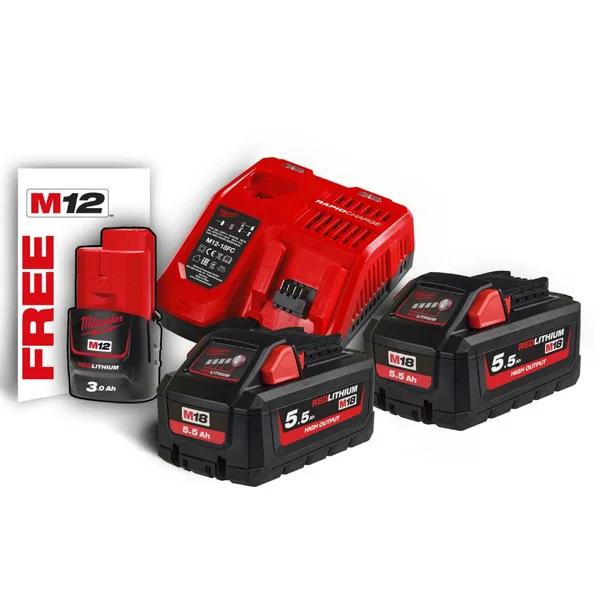 Milwaukee set - punjač M12-18 + 2 baterije 18V/5.5.5Ah + 1 baterija 12V 3.0Ah M18 HNRG-552 4933464713