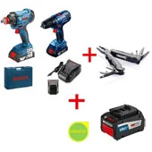 Bosch set GDX 180-LI akumulatorski udarni odvrtač + GSR 180-LI akumulatorska bušilica-odvrtač + SwissPeak višenamenski alat + POKLON  Bosch Akumulator 18V EneRACER 6,3 Ah 0615990L03
