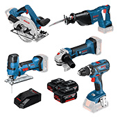 Bosch set akumulatorskih alata - bušilica-odvrtač GSR 18V-28 + ubodna testera GST 18V-LI S + ugaona brusilica GWS 18-125 V-LI + kružna testera GKS 18 V-LI + testera GSA 18V-LI 0615990K6N