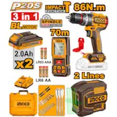 Ingco aku set / akumulatorska udarna bušilica-odvijač + laser + daljinomer COSLI251001E