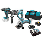 Makita LXT 18V komplet - akumulatorska bušilica-odvijač DDF482Z + akumulatorska bušilica-čekić DHR202Z + akumulatorska ugaona brusilica DGA452Z + punjač + 2 baterije + torba