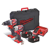 Milwaukee aku set - bušilica-odvijač + udarni odvijač + punjač + 2 baterije + kofer M18 CBLPP2B-502C