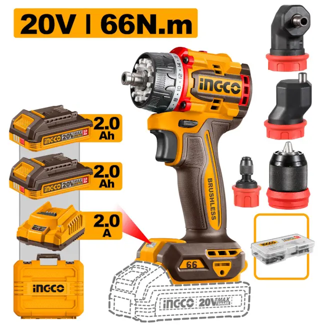 INGCO CDLI206686E aku bušilica sa izmenjivim nastavcima 66Nm 20V INGCO CDLI206686E aku bušilica sa izmenjivim nastavcima 66Nm 20V