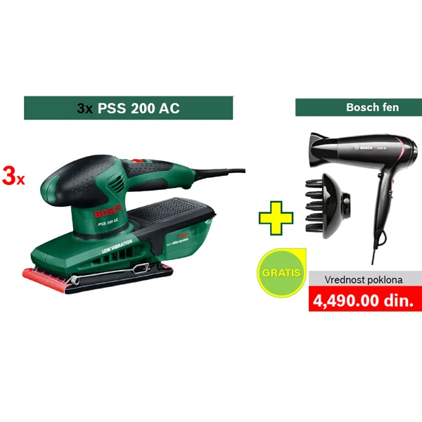 3 x Bosch vibraciona brusilica PSS 200 AC + POKLON Bosch fen za kosu