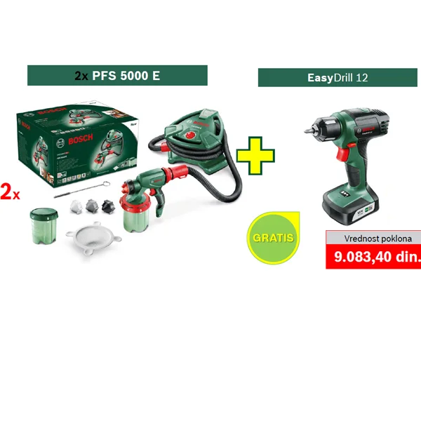 2 x Bosch sistem za prskanje boje PFS 5000 E + POKLON Bosch akumulatorska bušilica-odvrtač EasyDrill 12