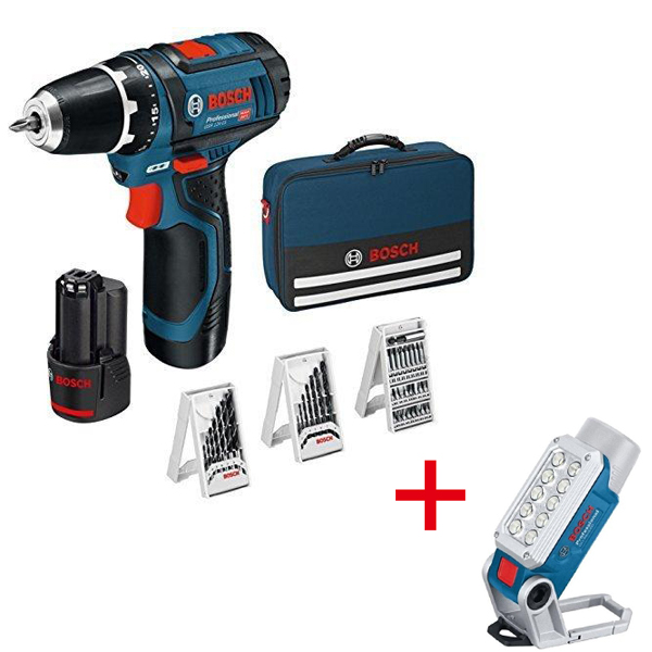 Bosch super set GSR 12V-15 akumulatorska bušilica-odvrtač + 39-delni set pribora u torbi + POKLON Akumulatorska lampa GLI 12V-330 0615990G6L