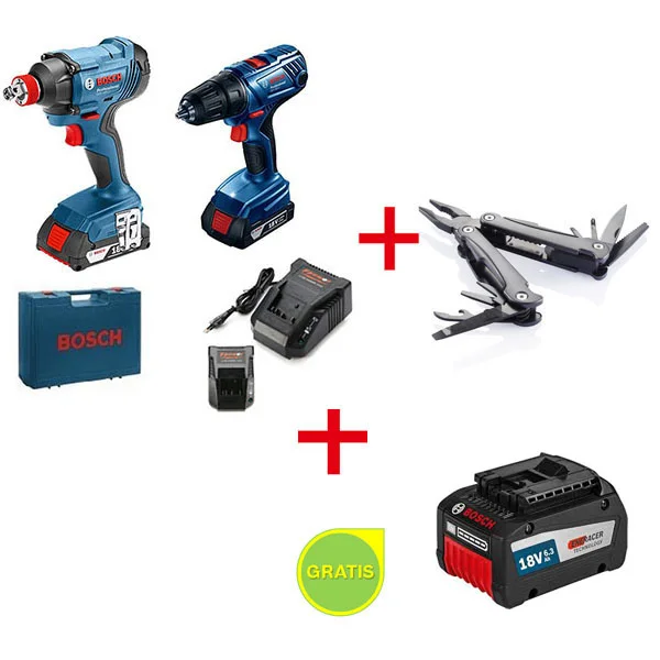Bosch set GDX 180-LI akumulatorski udarni odvrtač + GSR 180-LI akumulatorska bušilica-odvrtač + SwissPeak višenamenski alat + POKLON  Bosch Akumulator 18V EneRACER 6,3 Ah 0615990L03