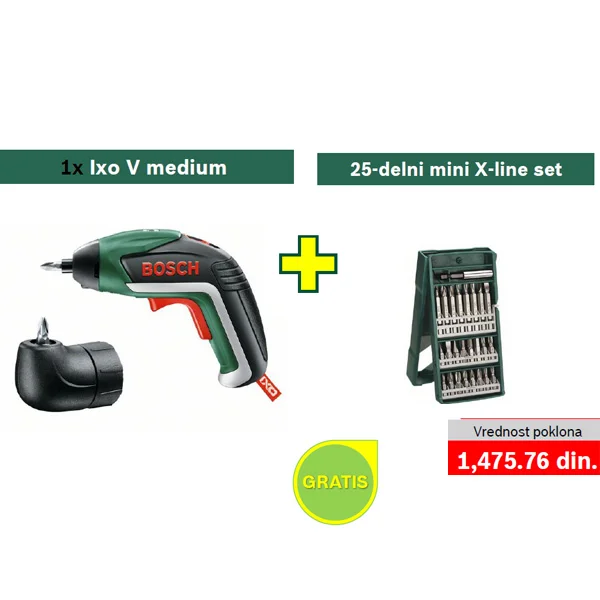 Bosch akumulatorski odvrtač IXO V Medium + POKLON Bosch 25-delni Mini X-Line set bitova odvrtača Bosch akumulatorski odvrtač IXO V Medium + POKLON Bosch 25-delni Mini X-Line set bitova odvrtača