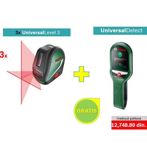 3 x Bosch laser za ukrštene linije UniversalLevel 3 + POKLON Bosch digitalni detektor UniversalDetect
