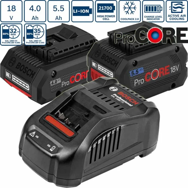 Bosch starter set 1xProCORE 18V 4.0 Ah +1x ProCORE18V 5.5 Ah + GAL 1880 CV 1600A0214A Bosch starter set 1xProCORE 18V 4.0 Ah +1x ProCORE18V 5.5 Ah + GAL 1880 CV 1600A0214A