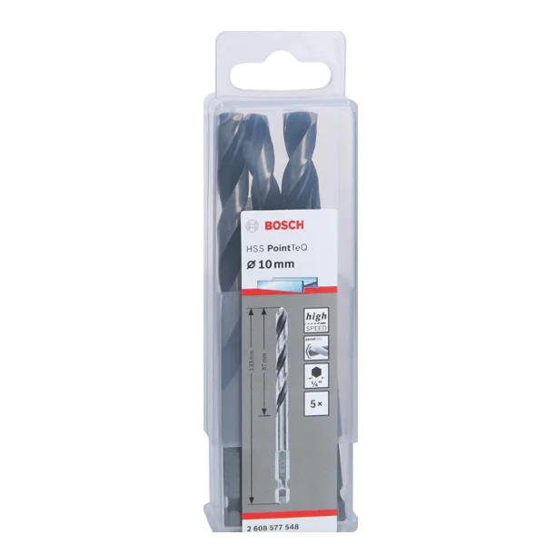 Bosch HSS spiralna burgija PointTeQ 10,0 mm sa šestougaonim HEX prihvatom 5 kom 2608577548 Bosch HSS spiralna burgija PointTeQ 10,0 mm sa šestougaonim HEX prihvatom 5 kom 2608577548