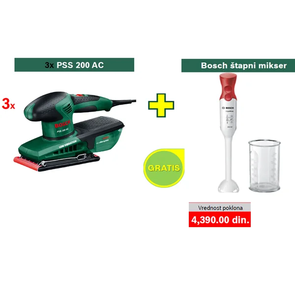 3 x Bosch vibraciona brusilica PSS 200 AC + POKLON Bosch štapni mikser