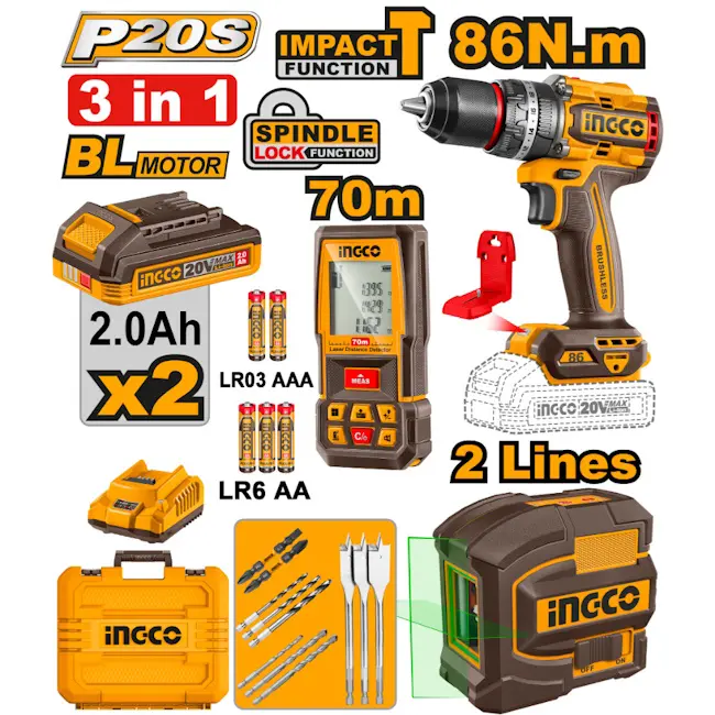 Ingco aku set / akumulatorska udarna bušilica-odvijač + laser + daljinomer COSLI251001E Ingco aku set / akumulatorska udarna bušilica-odvijač + laser + daljinomer COSLI251001E