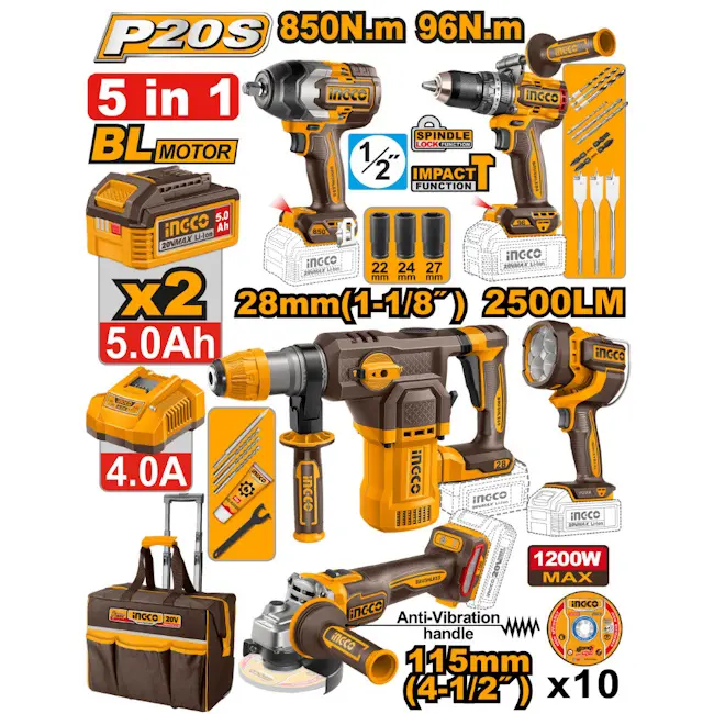Ingco aku set /udarna bušilica/udarni odvijač/rotaciona čekić bušilica/ugaona brusilica/radna lampa COSLI251193E Ingco aku set /udarna bušilica/udarni odvijač/rotaciona čekić bušilica/ugaona brusilica/radna lampa COSLI251193E