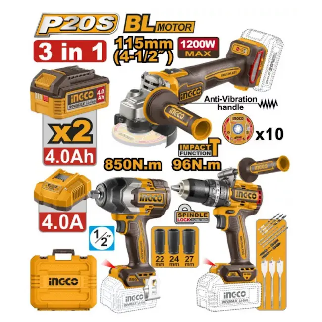 Ingco set aku alata / bušilica96Nm/brusilica115mm/udarni odvijač 850Nm COSLI251292E Ingco set aku alata / bušilica96Nm/brusilica115mm/udarni odvijač 850Nm COSLI251292E