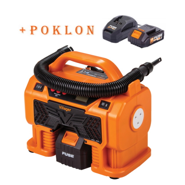 Villager Fuse akumulatorski kompresor za gume VAT 1220 + POKLON Fuse set baterija 1.5Ah + punjač 2.4A 067112 Villager Fuse akumulatorski kompresor za gume VAT 1220 + POKLON Fuse set baterija 1.5Ah + punjač 2.4A 067112