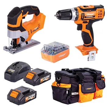 Villager Fuse set akumulatorska bušilica VLN 3220 + akumulatorska ubodna testera VLN 1120 + 2x baterija 1.5Ah + punjač 2.4A + Set bitova za FUSE program + torba za alat Villager Jobsite 4047