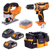 Villager Fuse set akumulatorska bušilica VLN 3220 + akumulatorska ubodna testera VLN 1120 + 2x baterija 1.5Ah + punjač 2.4A + Set bitova za FUSE program + torba za alat Villager Jobsite 4047