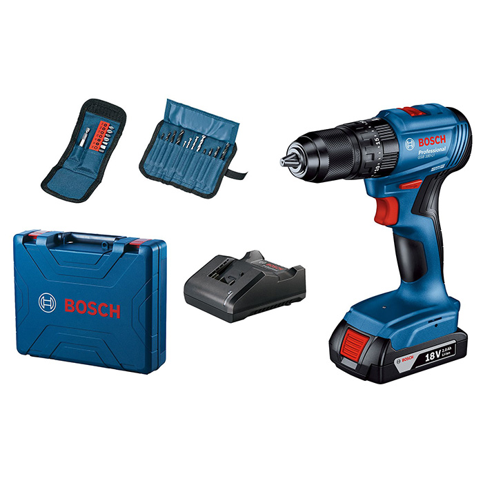 Bosch akumulatorska vibraciona bušilica-odvrtač GSB 185-Li Professional, 1× GBA 18V 2.0 Ah, punjač, kofer, 23-delni set pribora 06019K3102