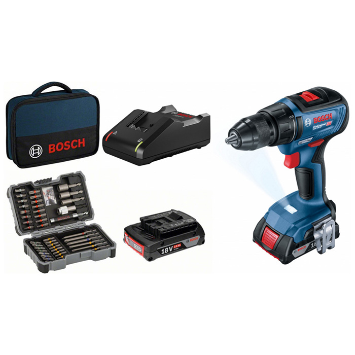 Bosch akumulatorska bušilica-odvrtač GSR 18V-50 Professional + 43- delni set pribora u torbi 06019H5004