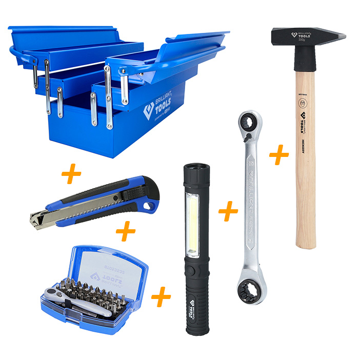 Brilliant Tools akcijski komplet - metalna kutija za alat + set bitova 32kom + 2 u 1 COB LED džepna lampa + brzi okasti ključ + čekić + skalpel BT-150852