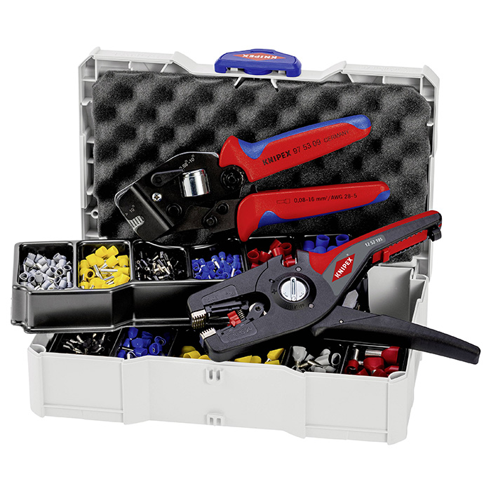 Knipex komplet za krimpovanje: samopodešavajuća krimp klešta + klešta za skidanje izolacije PreciStrip16 sa izolovanim hilznama 97 90 15 Knipex komplet za krimpovanje: samopodešavajuća krimp klešta + klešta za skidanje izolacije PreciStrip16 sa izolovanim hilznama 97 90 15